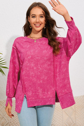 Shop Acid Wash Round Neck Seam Detail Slit Sweatshirt Now On Klozey Store - Trendy U.S. Premium Women Apparel & Accessories And Be Up-To-Fashion!