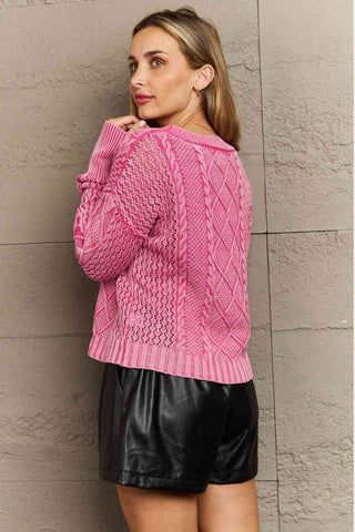Shop HEYSON Soft Focus Full Size Wash Cable Knit Cardigan in Fuchsia Now On Klozey Store - Trendy U.S. Premium Women Apparel & Accessories And Be Up-To-Fashion!
