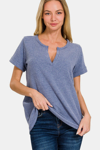 Shop Zenana Notched Short Sleeve Waffle T-Shirt Now On Klozey Store - Trendy U.S. Premium Women Apparel & Accessories And Be Up-To-Fashion!