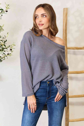 Shop Basic Bae Waffle-Knit Round Neck Long Sleeve Slit Sweatshirt Now On Klozey Store - Trendy U.S. Premium Women Apparel & Accessories And Be Up-To-Fashion!