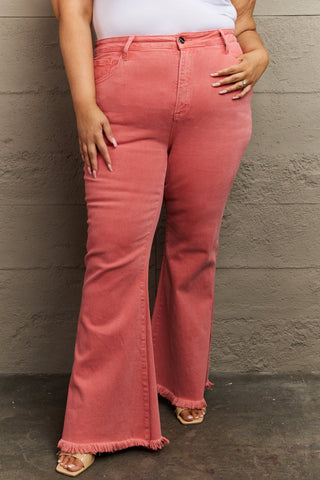 Shop RISEN Bailey Full Size High Waist Side Slit Flare Jeans Now On Klozey Store - Trendy U.S. Premium Women Apparel & Accessories And Be Up-To-Fashion!