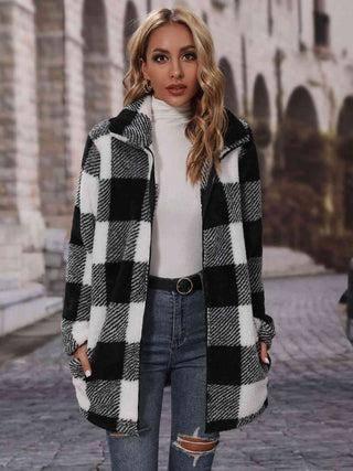 Shop Plaid Collared Neck Coat with Pockets Now On Klozey Store - Trendy U.S. Premium Women Apparel & Accessories And Be Up-To-Fashion!