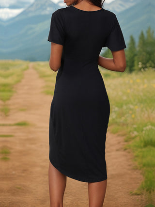 Shop Ruched Surplice Short Sleeve Dress Now On Klozey Store - Trendy U.S. Premium Women Apparel & Accessories And Be Up-To-Fashion!
