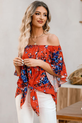 Shop Tied Printed Off-Shoulder Half Sleeve Blouse Now On Klozey Store - Trendy U.S. Premium Women Apparel & Accessories And Be Up-To-Fashion!