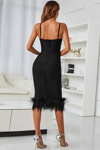 Shop Spaghetti Strap Feather Trim Bodycon Dress Now On Klozey Store - Trendy U.S. Premium Women Apparel & Accessories And Be Up-To-Fashion!