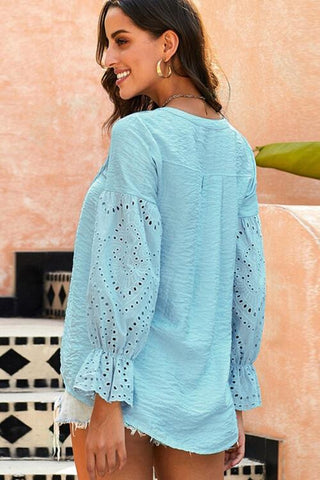 Shop Crochet Flounce Sleeve Button Up Blouse Now On Klozey Store - Trendy U.S. Premium Women Apparel & Accessories And Be Up-To-Fashion!