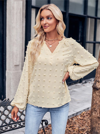 Shop Swiss Dot Notched Neck Long Sleeve Blouse Now On Klozey Store - Trendy U.S. Premium Women Apparel & Accessories And Be Up-To-Fashion!
