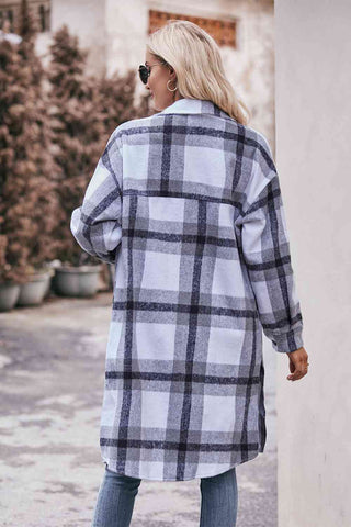 Shop Plaid Dropped Shoulder Longline Jacket Now On Klozey Store - Trendy U.S. Premium Women Apparel & Accessories And Be Up-To-Fashion!