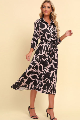 Shop Printed Button Front Belted Midi Dress Now On Klozey Store - Trendy U.S. Premium Women Apparel & Accessories And Be Up-To-Fashion!