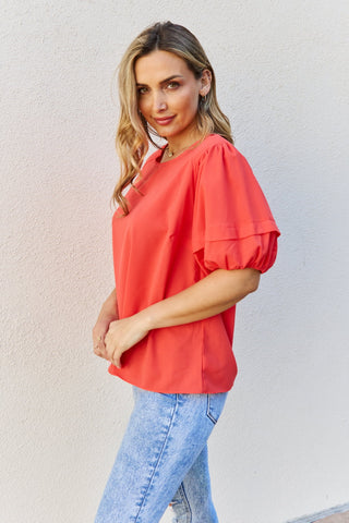Shop Petal Dew Sweet Innocence Full Size Puff Short Sleeve Top In Tomato Now On Klozey Store - Trendy U.S. Premium Women Apparel & Accessories And Be Up-To-Fashion!
