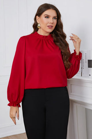 Shop Plus Size Frill Trim Flounce Sleeve Round Neck Blouse Now On Klozey Store - Trendy U.S. Premium Women Apparel & Accessories And Be Up-To-Fashion!