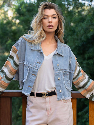 Shop Distressed Striped Long Sleeve Denim Jacket Now On Klozey Store - Trendy U.S. Premium Women Apparel & Accessories And Be Up-To-Fashion!