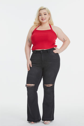 Shop BAYEAS Full Size High Waist Distressed Raw Hem Flare Jeans Now On Klozey Store - Trendy U.S. Premium Women Apparel & Accessories And Be Up-To-Fashion!