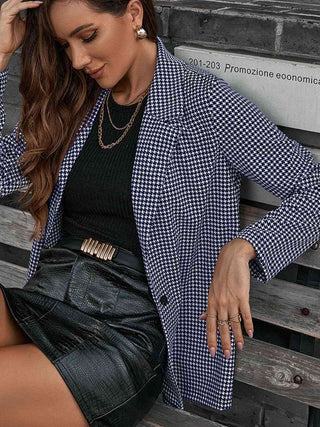 Shop Houndstooth Lapel Collar Long Sleeve Blazer Now On Klozey Store - Trendy U.S. Premium Women Apparel & Accessories And Be Up-To-Fashion!