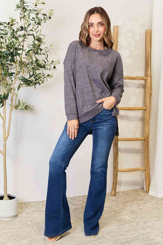 Shop Basic Bae Round Neck Drop Shoulder Slit Sweatshirt Now On Klozey Store - Trendy U.S. Premium Women Apparel & Accessories And Be Up-To-Fashion!