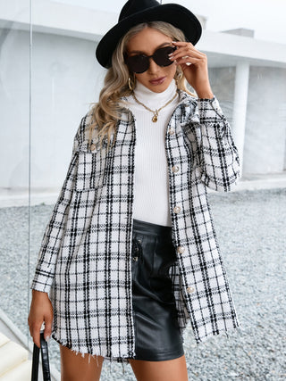 Shop Plaid Pocketed Button Up Dropped Shoulder Jacket Now On Klozey Store - Trendy U.S. Premium Women Apparel & Accessories And Be Up-To-Fashion!