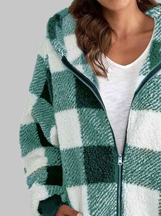 Shop Plaid Zip-Up Hooded Jacket with Pockets Now On Klozey Store - Trendy U.S. Premium Women Apparel & Accessories And Be Up-To-Fashion!