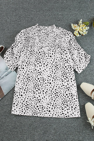 Shop Printed Smocked Mock Neck Blouse Now On Klozey Store - Trendy U.S. Premium Women Apparel & Accessories And Be Up-To-Fashion!