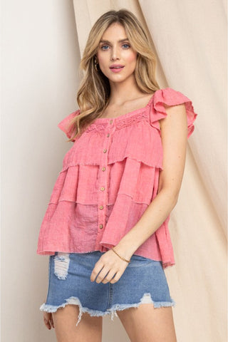 Shop ODDI Full Size Buttoned Ruffled Top Now On Klozey Store - Trendy U.S. Premium Women Apparel & Accessories And Be Up-To-Fashion!
