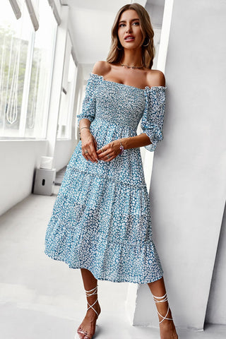 Shop Ditsy Floral Off-Shoulder Smocked Midi Dress Now On Klozey Store - Trendy U.S. Premium Women Apparel & Accessories And Be Up-To-Fashion!
