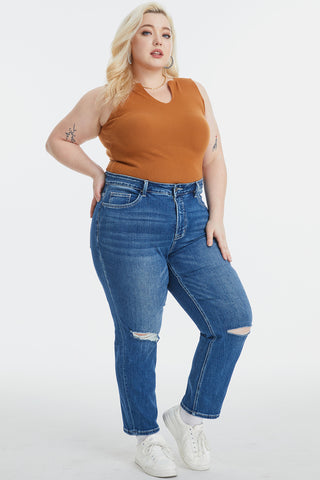Shop BAYEAS Full Size High Waist Distressed Washed Cropped Mom Jeans Now On Klozey Store - Trendy U.S. Premium Women Apparel & Accessories And Be Up-To-Fashion!