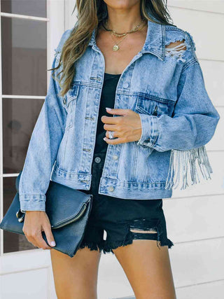 Shop Distressed Fringe Denim Jacket Now On Klozey Store - Trendy U.S. Premium Women Apparel & Accessories And Be Up-To-Fashion!
