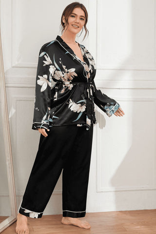 Shop Plus Size Floral Belted Robe and Pants Pajama Set Now On Klozey Store - Trendy U.S. Premium Women Apparel & Accessories And Be Up-To-Fashion!