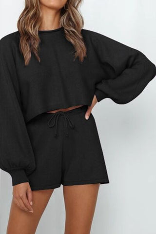 Shop Round Neck Long Sleeve Top and Drawstring Shorts Lounge Set Now On Klozey Store - Trendy U.S. Premium Women Apparel & Accessories And Be Up-To-Fashion!