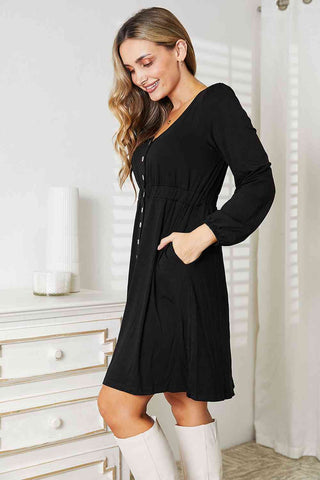 Shop Double Take Scoop Neck Empire Waist Long Sleeve Magic Dress Now On Klozey Store - Trendy U.S. Premium Women Apparel & Accessories And Be Up-To-Fashion!
