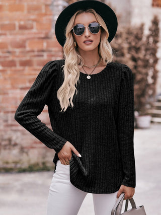 Shop Double Take Round Neck Puff Sleeve Ribbed Top Now On Klozey Store - Trendy U.S. Premium Women Apparel & Accessories And Be Up-To-Fashion!