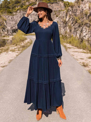 Shop Long Sleeve Lace Trim Maxi Dress Now On Klozey Store - Trendy U.S. Premium Women Apparel & Accessories And Be Up-To-Fashion!