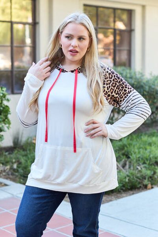 Shop Celeste Design Full Size Leopard Contrast Drawstring Hoodie Now On Klozey Store - Trendy U.S. Premium Women Apparel & Accessories And Be Up-To-Fashion!