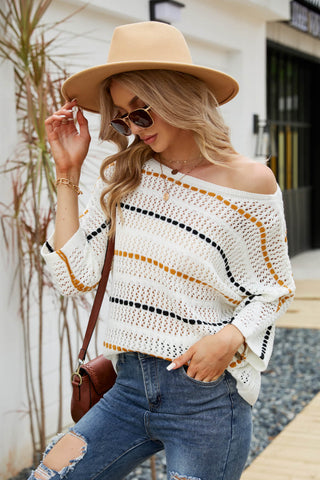 Shop Striped Openwork Three-Quarter Sleeve Knit Top Now On Klozey Store - Trendy U.S. Premium Women Apparel & Accessories And Be Up-To-Fashion!