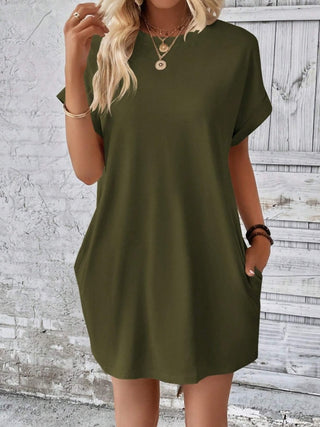 Shop Pocketed Round Neck Short Sleeve Dress Now On Klozey Store - Trendy U.S. Premium Women Apparel & Accessories And Be Up-To-Fashion!