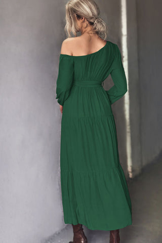 Shop Belted One-Shoulder Tiered Maxi Dress Now On Klozey Store - Trendy U.S. Premium Women Apparel & Accessories And Be Up-To-Fashion!