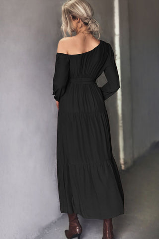 Shop Belted One-Shoulder Tiered Maxi Dress Now On Klozey Store - Trendy U.S. Premium Women Apparel & Accessories And Be Up-To-Fashion!