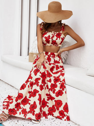 Shop Floral Tie Shoulder Top and Tiered Maxi Skirt Set Now On Klozey Store - Trendy U.S. Premium Women Apparel & Accessories And Be Up-To-Fashion!