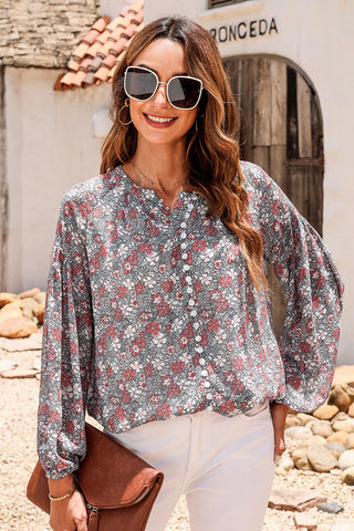 Shop Printed Notched Balloon Sleeve Blouse Now On Klozey Store - Trendy U.S. Premium Women Apparel & Accessories And Be Up-To-Fashion!