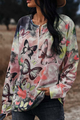 Shop Butterflies Print Round Neck Zipper Front Blouse Now On Klozey Store - Trendy U.S. Premium Women Apparel & Accessories And Be Up-To-Fashion!