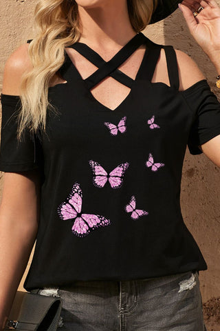 Shop Butterfly Graphic Strappy Cold-Shoulder Top Now On Klozey Store - Trendy U.S. Premium Women Apparel & Accessories And Be Up-To-Fashion!