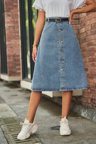 Shop Button Front A-Line Denim Skirt Now On Klozey Store - Trendy U.S. Premium Women Apparel & Accessories And Be Up-To-Fashion!