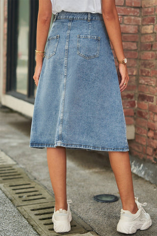 Shop Button Front A-Line Denim Skirt Now On Klozey Store - Trendy U.S. Premium Women Apparel & Accessories And Be Up-To-Fashion!