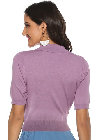Shop Buttoned Collared Neck Short Sleeve Knit Top Now On Klozey Store - Trendy U.S. Premium Women Apparel & Accessories And Be Up-To-Fashion!