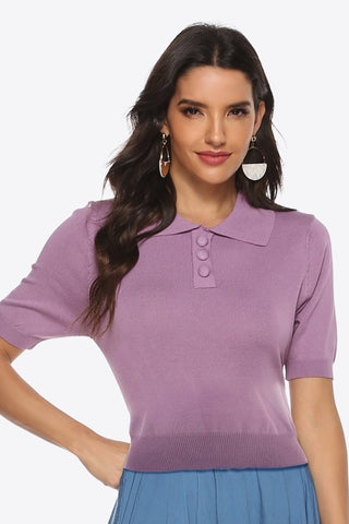Shop Buttoned Collared Neck Short Sleeve Knit Top Now On Klozey Store - Trendy U.S. Premium Women Apparel & Accessories And Be Up-To-Fashion!