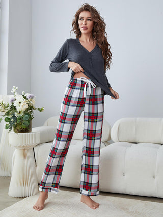 Shop Buttoned Long Sleeve Top and Plaid Pants Lounge Set Now On Klozey Store - Trendy U.S. Premium Women Apparel & Accessories And Be Up-To-Fashion!