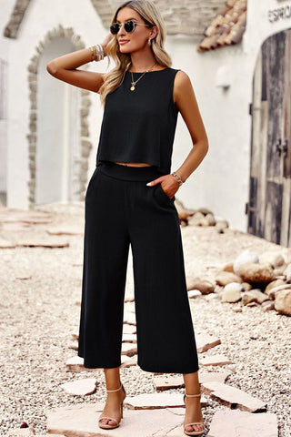 Shop Buttoned Round Neck Tank and Wide Leg Pants Set Now On Klozey Store - Trendy U.S. Premium Women Apparel & Accessories And Be Up-To-Fashion!