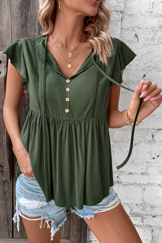 Shop Buttoned Tie Neck Flutter Sleeve Babydoll Top Now On Klozey Store - Trendy U.S. Premium Women Apparel & Accessories And Be Up-To-Fashion!