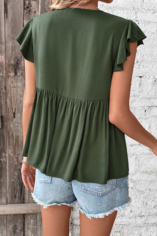Shop Buttoned Tie Neck Flutter Sleeve Babydoll Top Now On Klozey Store - Trendy U.S. Premium Women Apparel & Accessories And Be Up-To-Fashion!