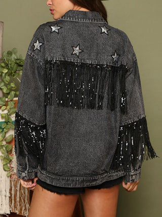 Shop Fringe Detail Long Sleeve Denim Jacket Now On Klozey Store - Trendy U.S. Premium Women Apparel & Accessories And Be Up-To-Fashion!