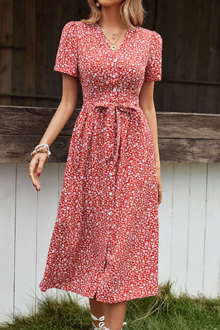 Shop Ditsy Floral Button Front Tied Puff Sleeve Dress Now On Klozey Store - Trendy U.S. Premium Women Apparel & Accessories And Be Up-To-Fashion!